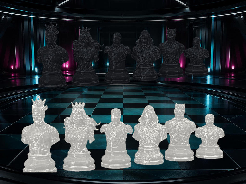 Superhelden-Büsten-Schachfigurenset – komplett 32-teilig | Fantasy-Helden | 3 Größen & 12 Farbpaare