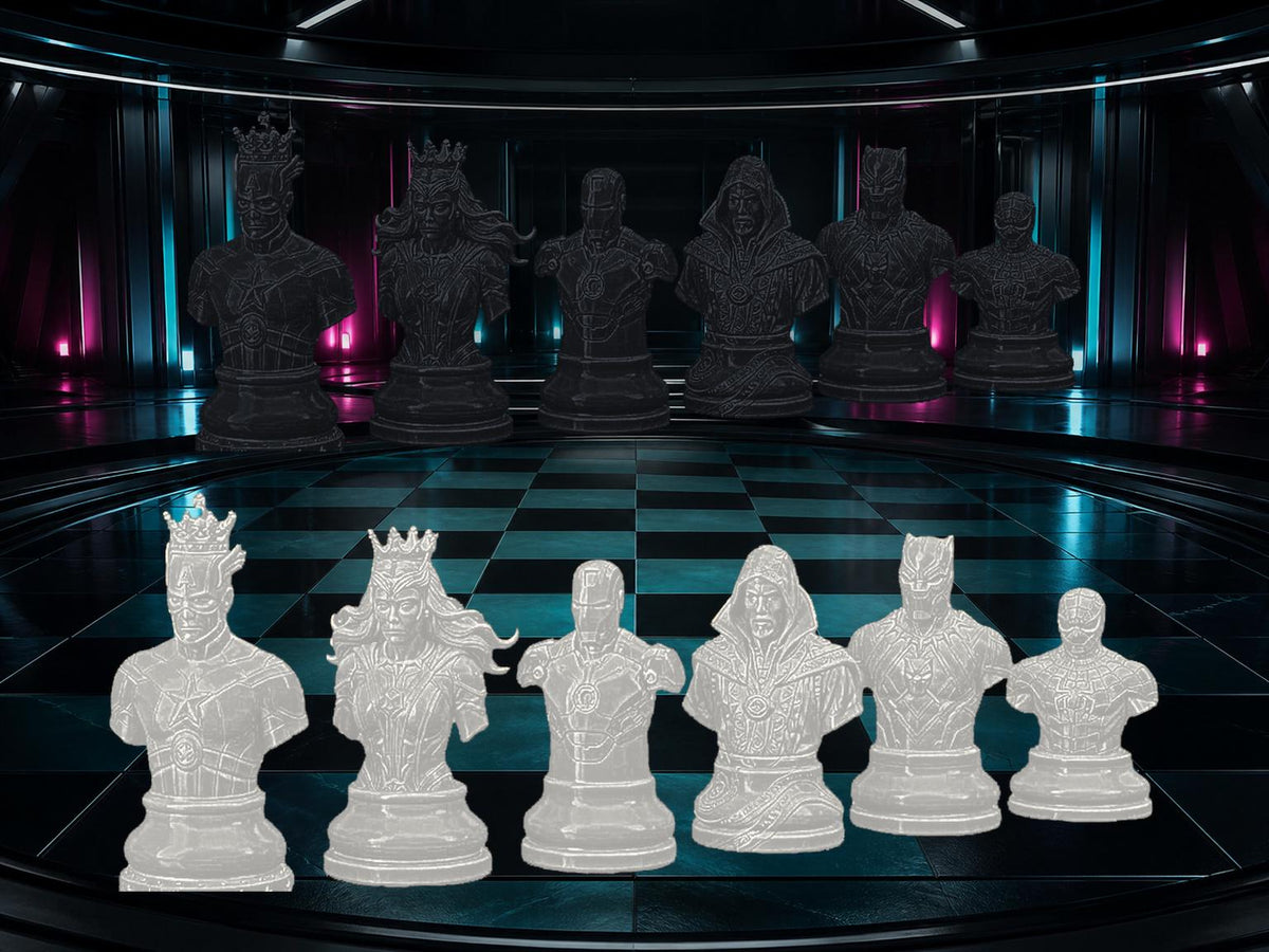 Superhelden-Büsten-Schachfigurenset – komplett 32-teilig | Fantasy-Helden | 3 Größen & 12 Farbpaare
