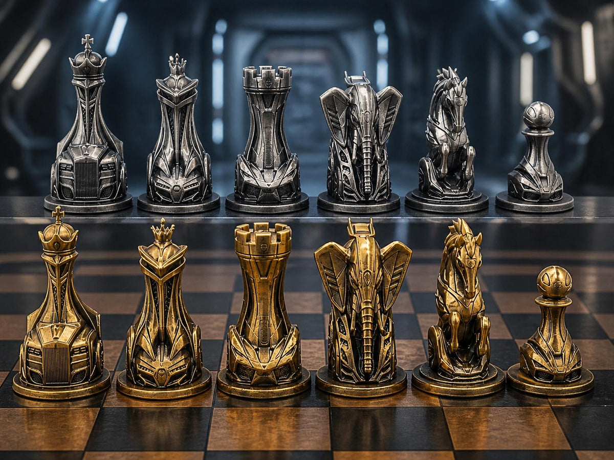 Futuristisches Fahrzeug-Schachfigurenset – komplett 32-teilig | Sci-Fi-Schach | 3 Größen & 12 Farbpaare