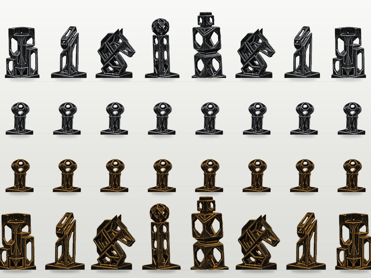 Geometrisches Gitter-Schachfigurenset – komplett 32-teilig | Modernes Schach | 3 Größen & 12 Farbpaare
