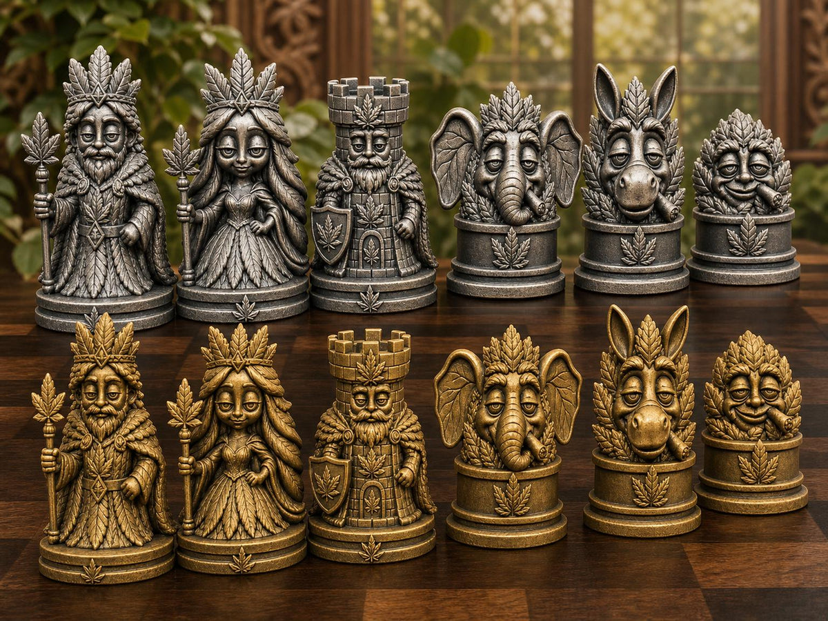 Königliches Blatt-Schachfigurenset – komplett 32-teilig | Natur-Fantasy | 3 Größen & 12 Farbpaare | Made in Germany
