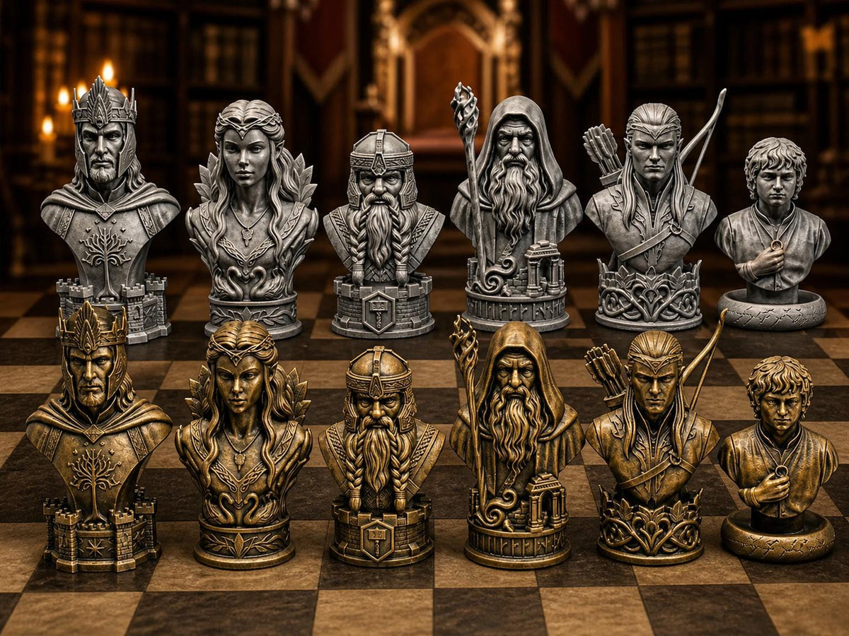 Fantasy-Reich-Büsten-Schachfigurenset – komplett 32-teilig | 3 Größen & 12 Farbpaare | Made in Germany