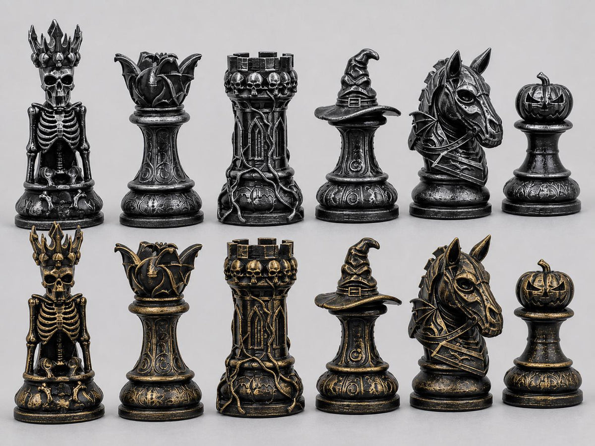 Halloween-Dark-Fantasy-Schachfigurenset – komplettes 32-teiliges Schachset | Gothic Horror | Made in Germany