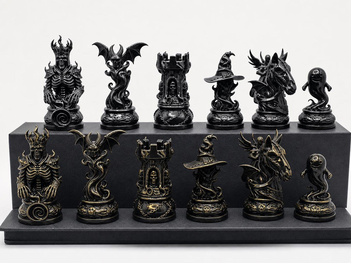 Dämonisches Dark-Fantasy-Schachfigurenset – komplettes 32-teiliges Schachset | Gothic Horror | Made in Germany