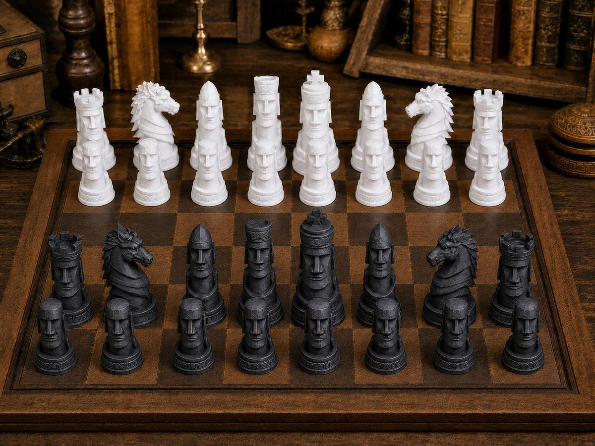 Rapa-Nui-Moai – komplettes 32-teiliges Schachfigurenset | Kulturhistorisches Motiv | Made in Germany