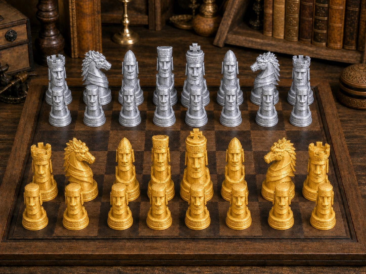 Rapa-Nui-Moai – komplettes 32-teiliges Schachfigurenset | Kulturhistorisches Motiv | Made in Germany