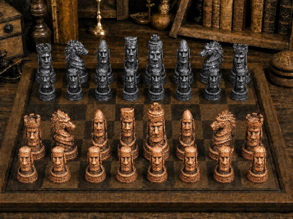 Rapa-Nui-Moai – komplettes 32-teiliges Schachfigurenset | Kulturhistorisches Motiv | Made in Germany