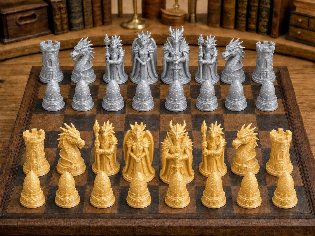 Drachenkönigreich – komplettes 32-teiliges Schachfigurenset | Fantasy-Design | Made in Germany