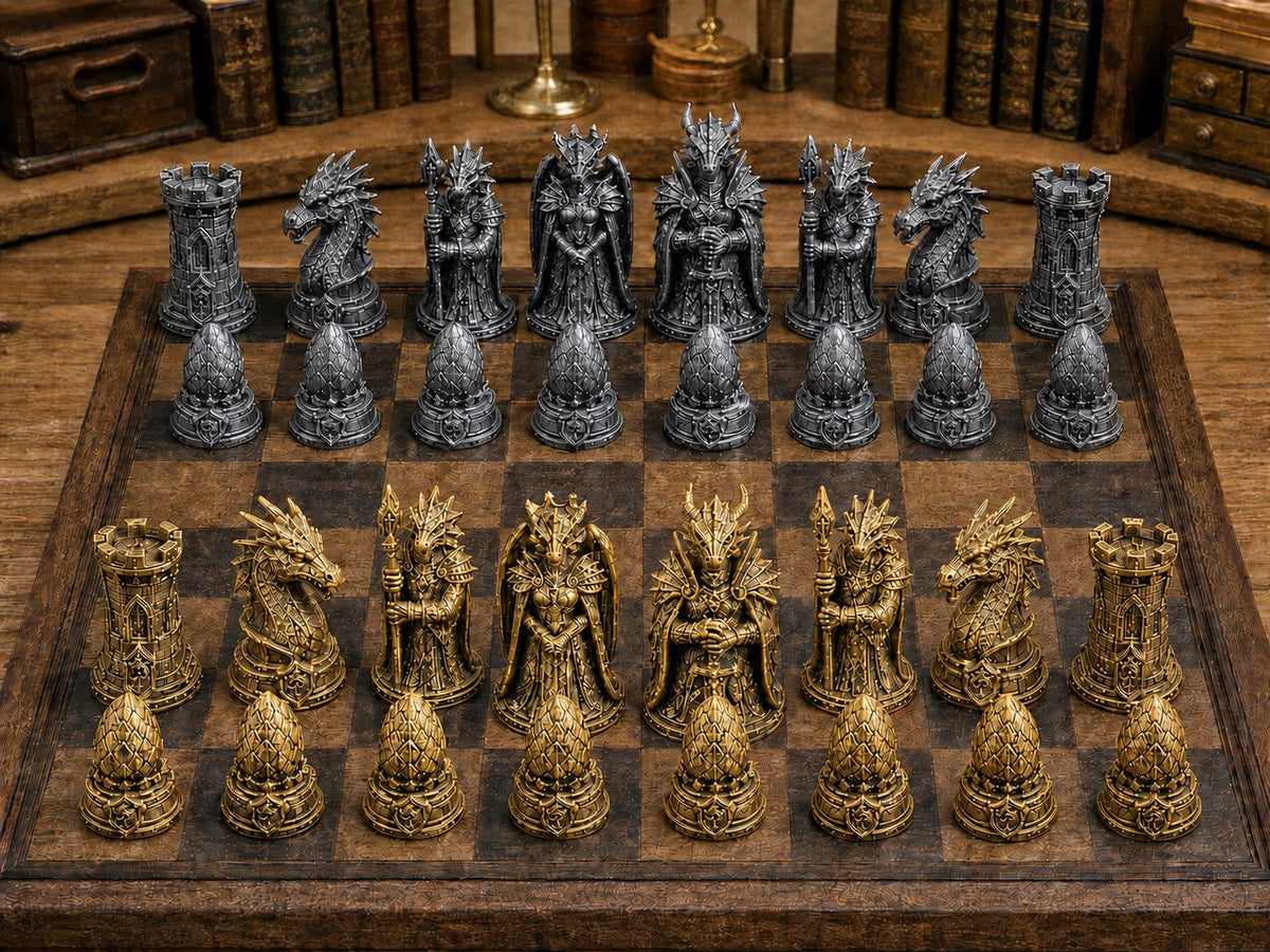 Drachenkönigreich – komplettes 32-teiliges Schachfigurenset | Fantasy-Design | Made in Germany