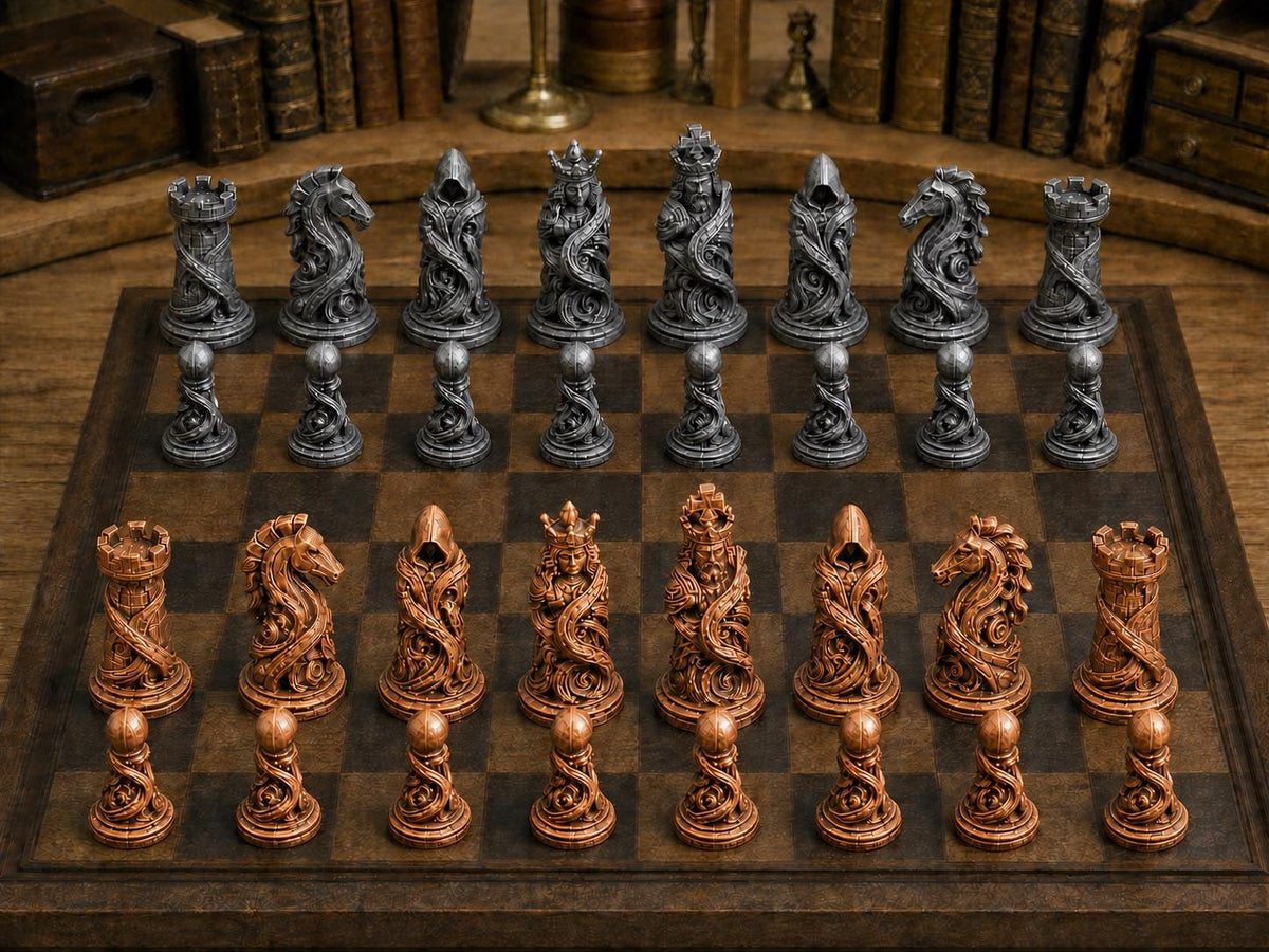 Verzauberte Bänder – komplettes 32-teiliges Schachfigurenset | Fantasy-Design | Made in Germany