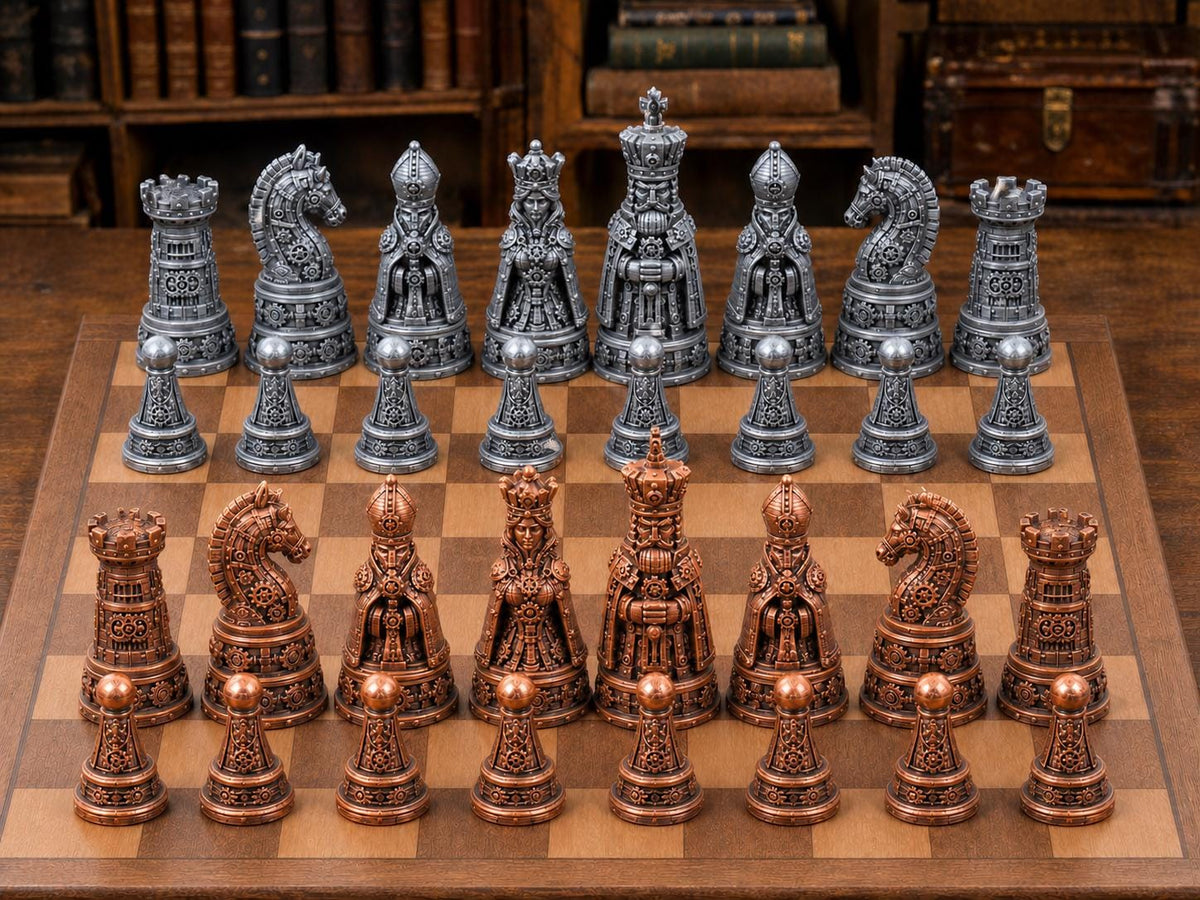 Königlicher Steampunk – komplettes 32-teiliges Schachfigurenset | Steampunk-Design | Made in Germany