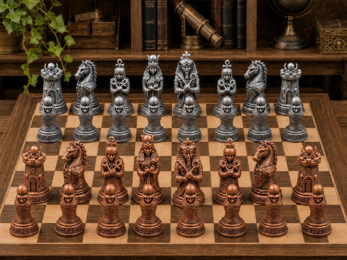 Ägyptische Mumien – komplettes 32-teiliges Schachfigurenset | Historisches Design | Made in Germany