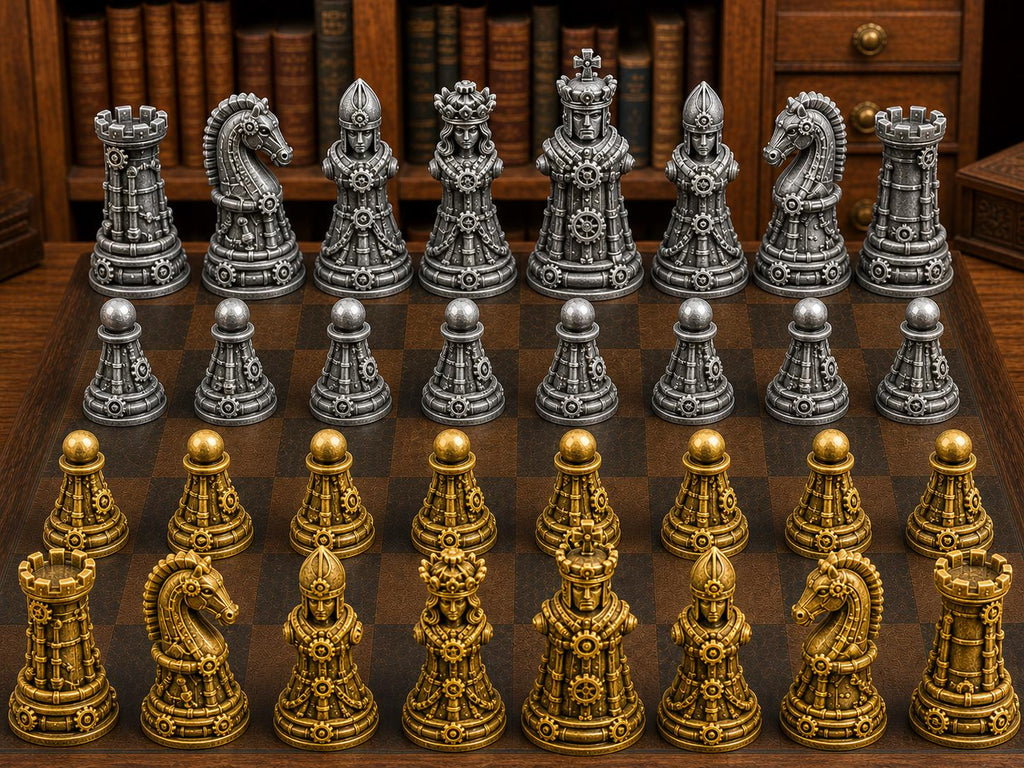 Metallischer Steampunk – komplettes 32-teiliges Schachfigurenset | Steampunk-Design | Made in Germany
