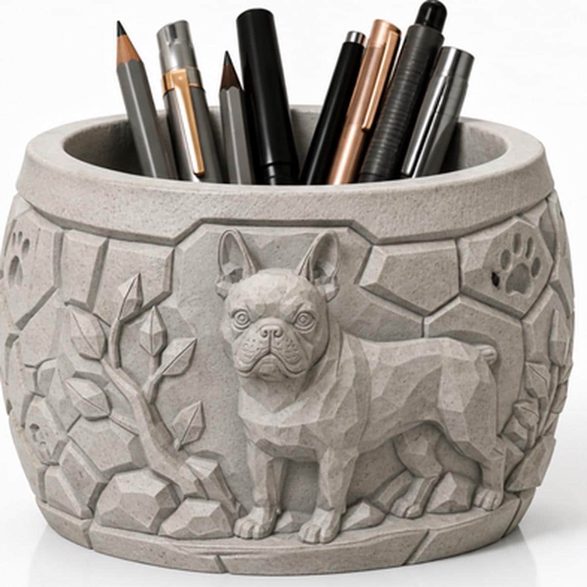Boston Terrier Pflanzgefäß & Organizer – Hunde Blumentopf Relief, Schreibtisch Deko, Geschenk FehnFactory