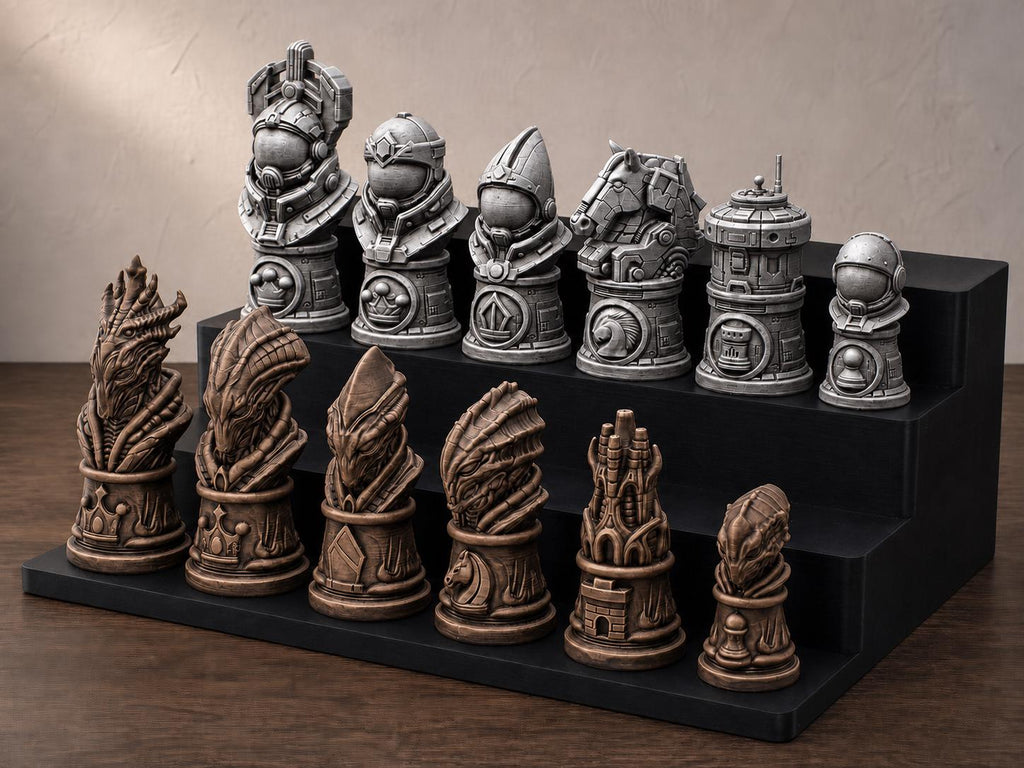 Astronauten gegen Aliens – 32-teiliges Schachfigurenset | Sci-Fi-Schachfiguren | Made in Germany FehnFactory