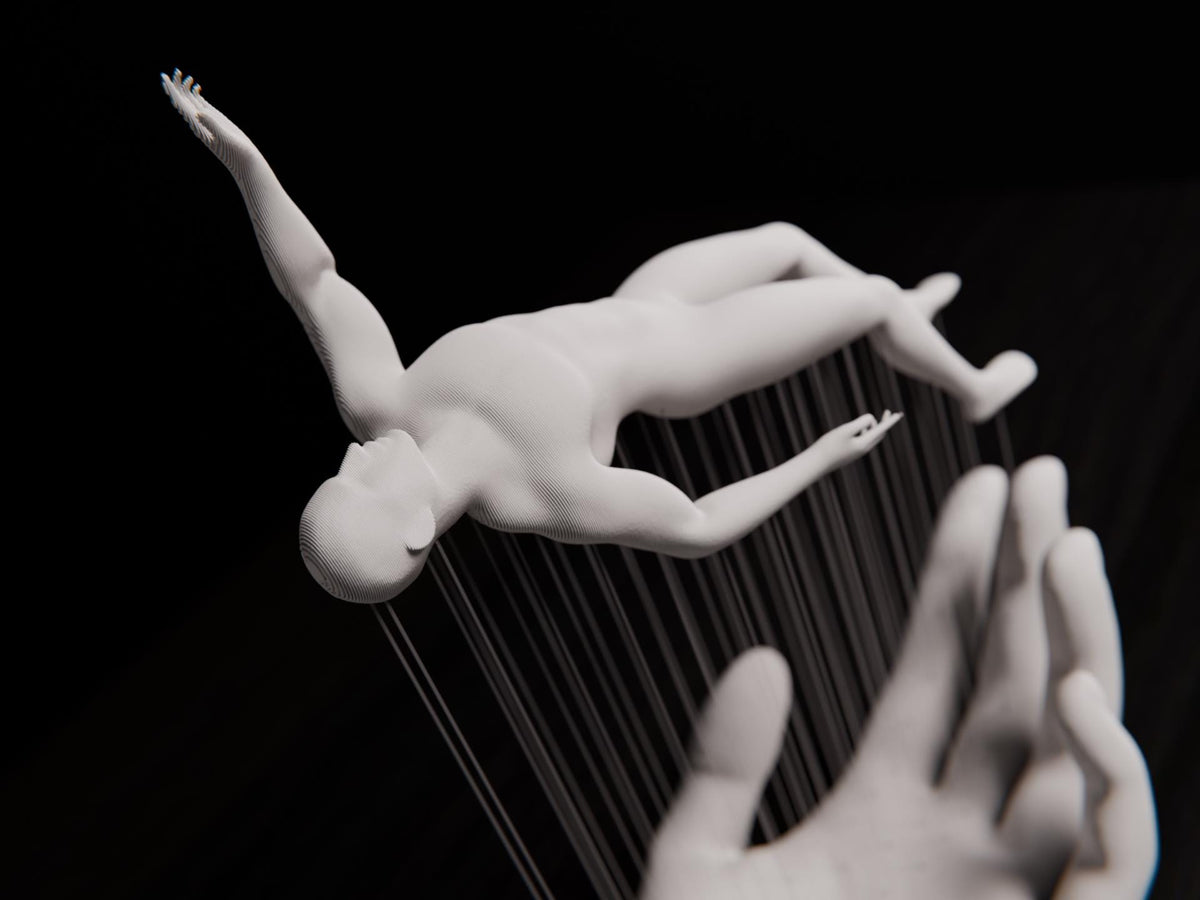 Unbound – schwebende String-Art-Skulptur, surreale Figur und moderne Kunstdeko FehnFactory