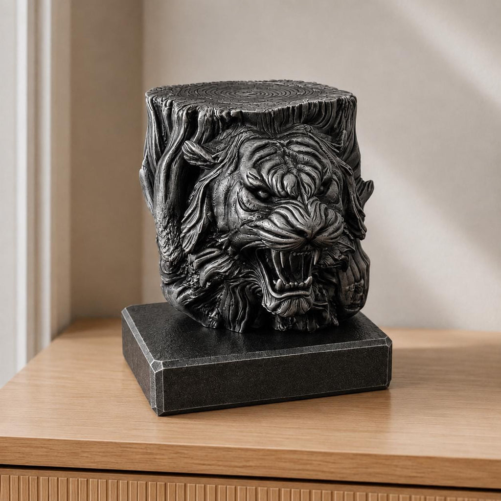 Tigergeist – Tigerskulptur im geschnitzten Baumstamm | handbemalt oder gedruckt | Made in Germany FehnFactory