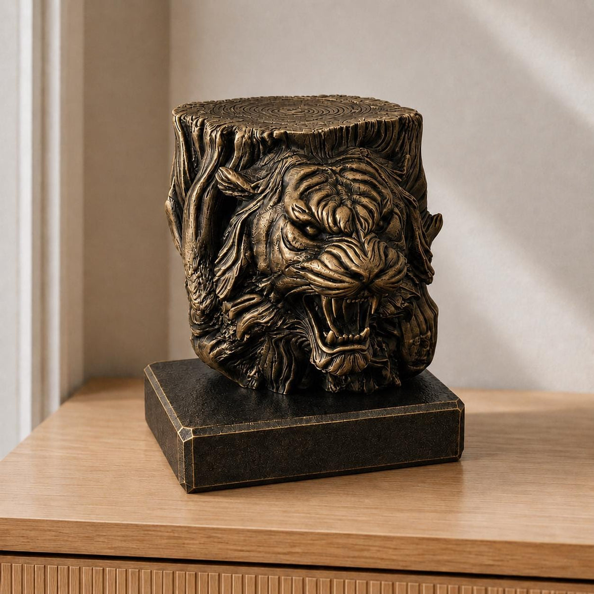Tigergeist – Tigerskulptur im geschnitzten Baumstamm | handbemalt oder gedruckt | Made in Germany FehnFactory