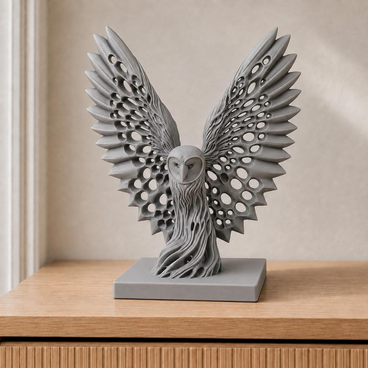 Voronoi-Eule mit geöffneten Flügeln – Eulenskulptur | handbemalt oder gedruckt | Made in Germany FehnFactory