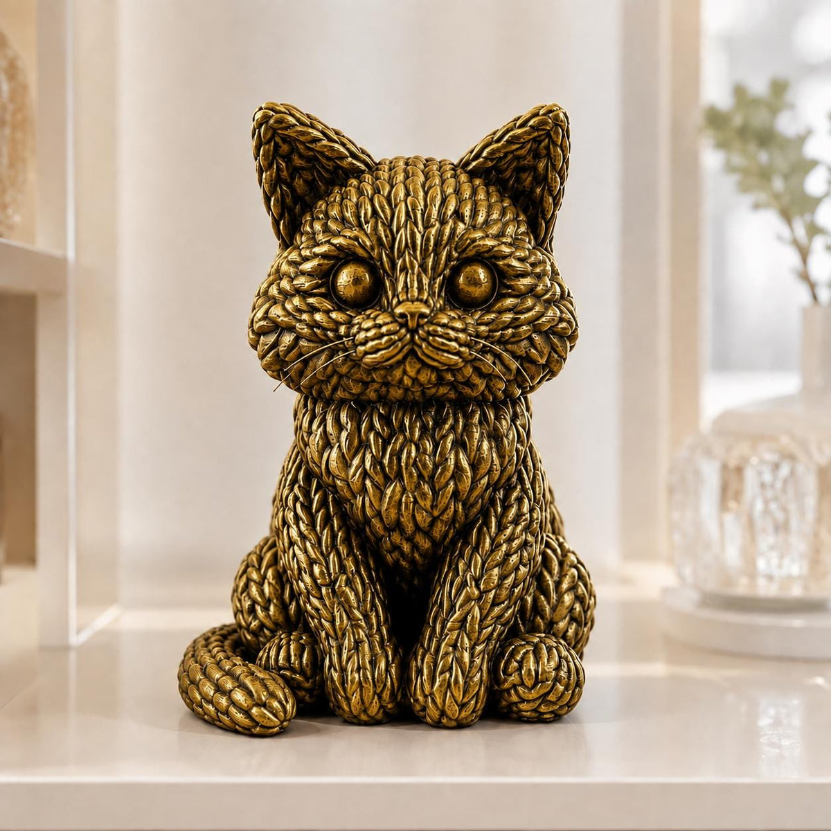 Sitzende Katze in Strickoptik – niedliche Katzenskulptur | handbemalt oder gedruckt | Made in Germany FehnFactory