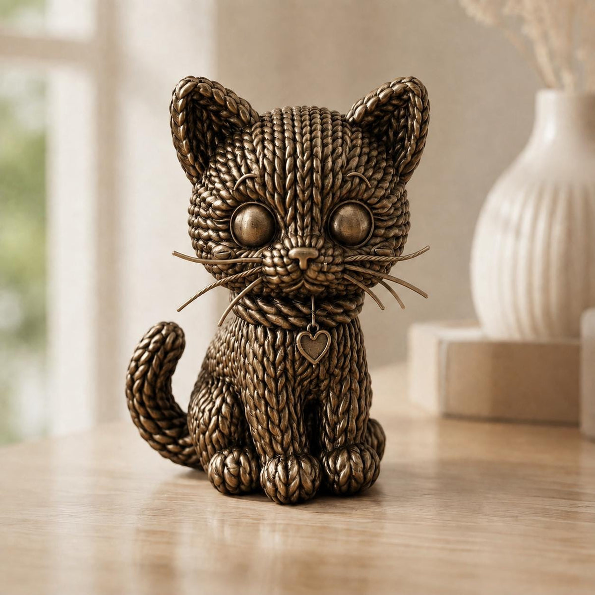 Kleine Katze mit Herzanhänger in Strickoptik – Katzenskulptur | handbemalt oder gedruckt | Made in Germany FehnFactory