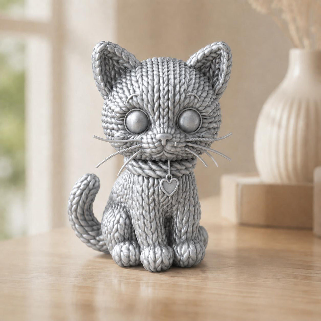 Kleine Katze mit Herzanhänger in Strickoptik – Katzenskulptur | handbemalt oder gedruckt | Made in Germany FehnFactory