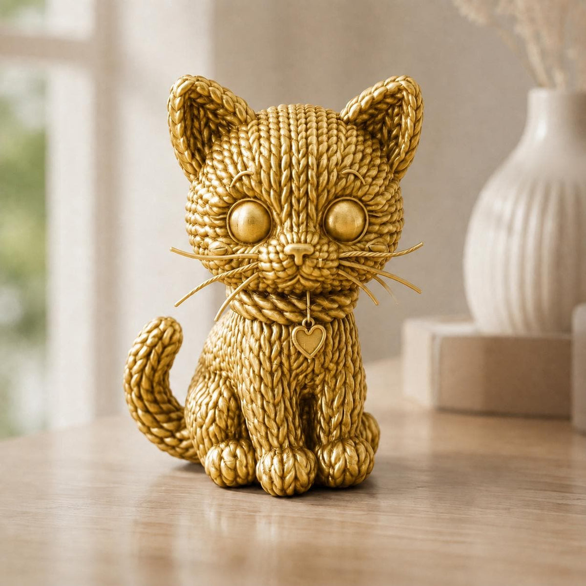 Kleine Katze mit Herzanhänger in Strickoptik – Katzenskulptur | handbemalt oder gedruckt | Made in Germany FehnFactory