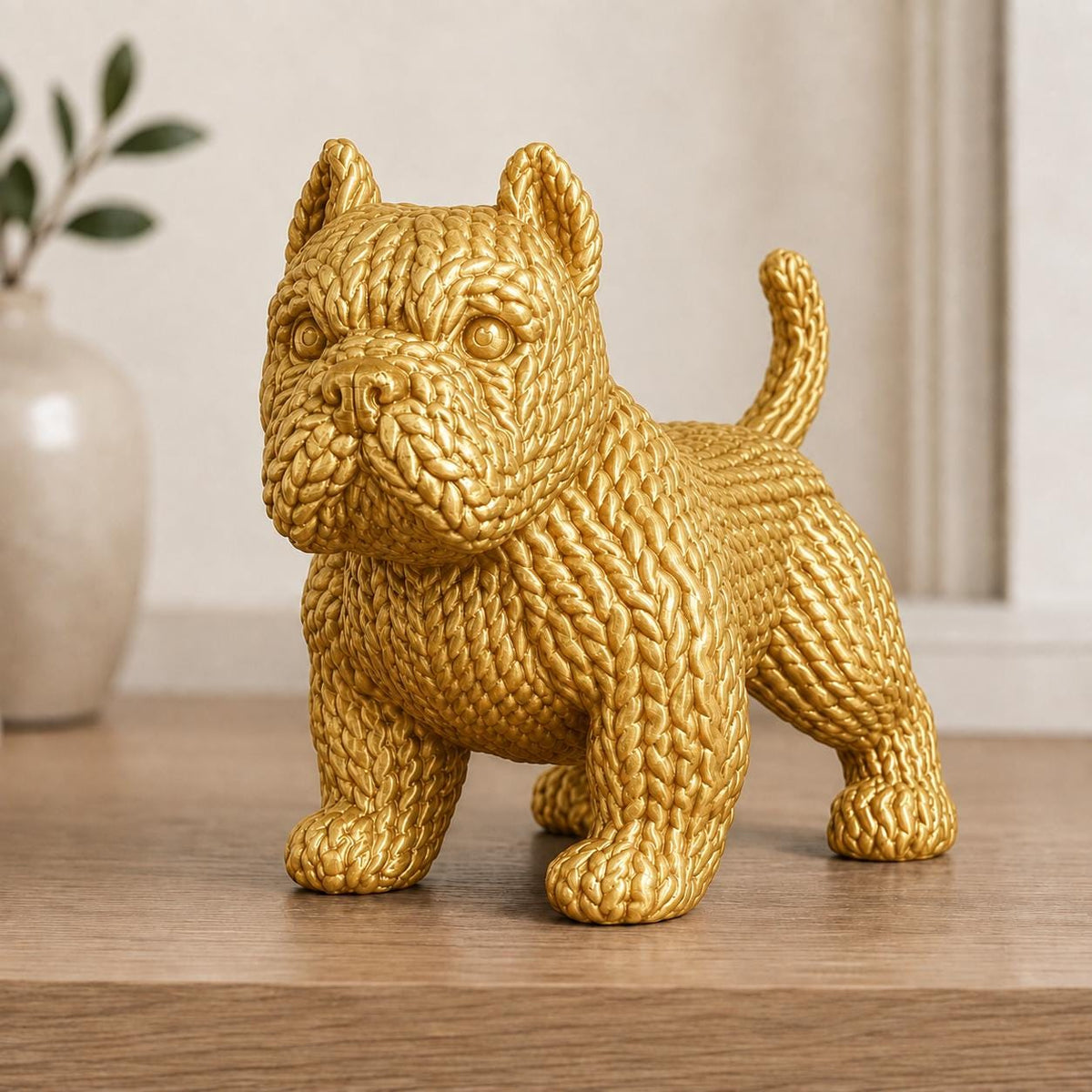 Stehender Pitbull-Welpe in Strickoptik – Hundeskulptur | handbemalt oder gedruckt | Made in Germany FehnFactory