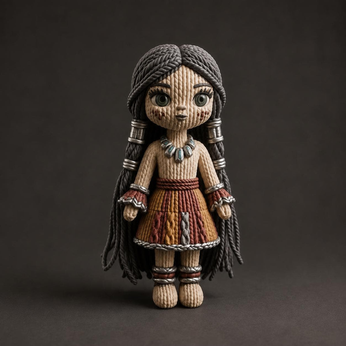 Fantasy-Puppe mit langen Zöpfen, Schmuck und Segmentrock in Strickoptik | handbemalt oder gedruckt | Made in Germany FehnFactory