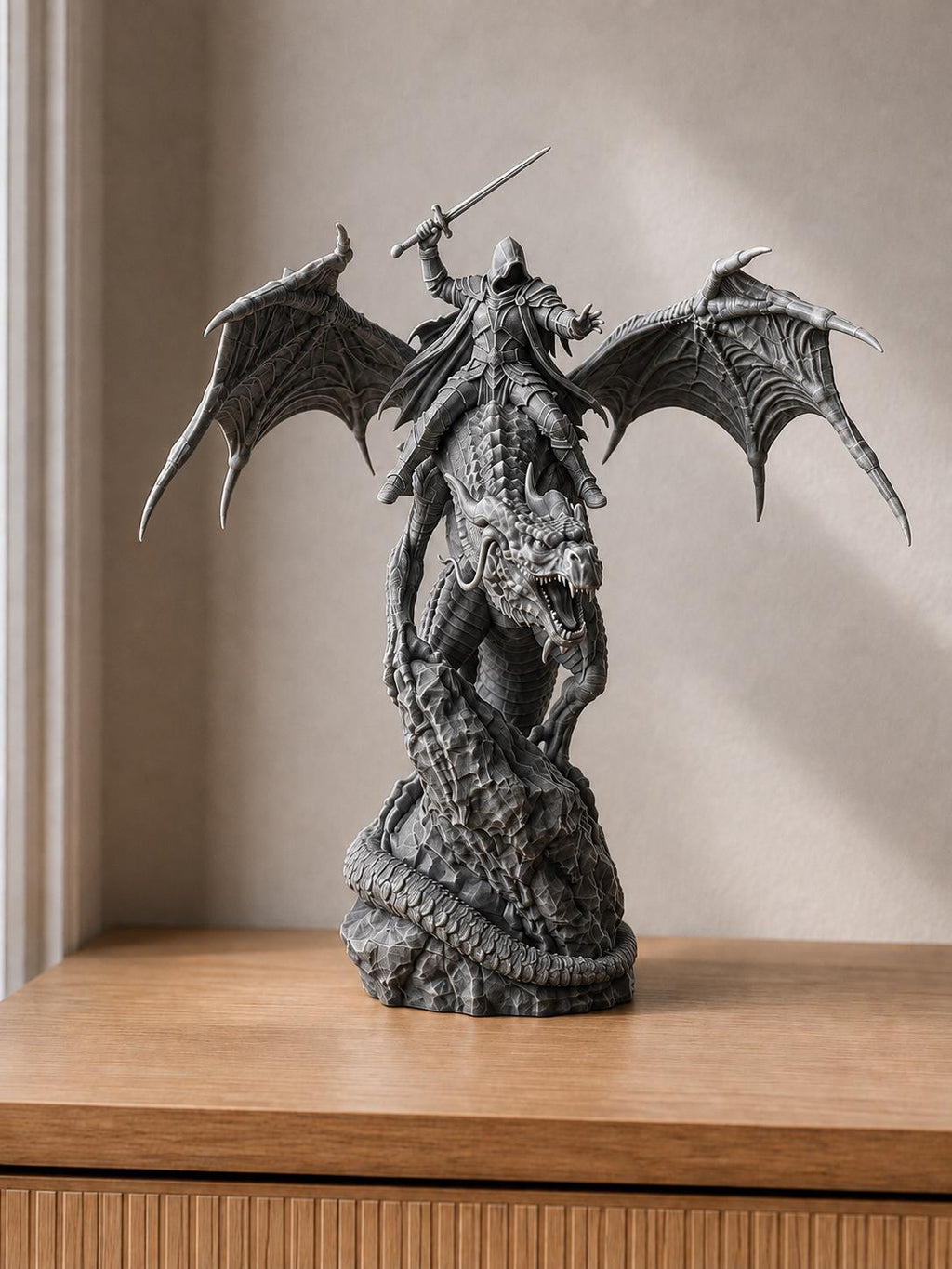 Drachenreiter auf geflügeltem Drachen | Fantasy-Skulptur handbemalt oder gedruckt | Made in Germany FehnFactory
