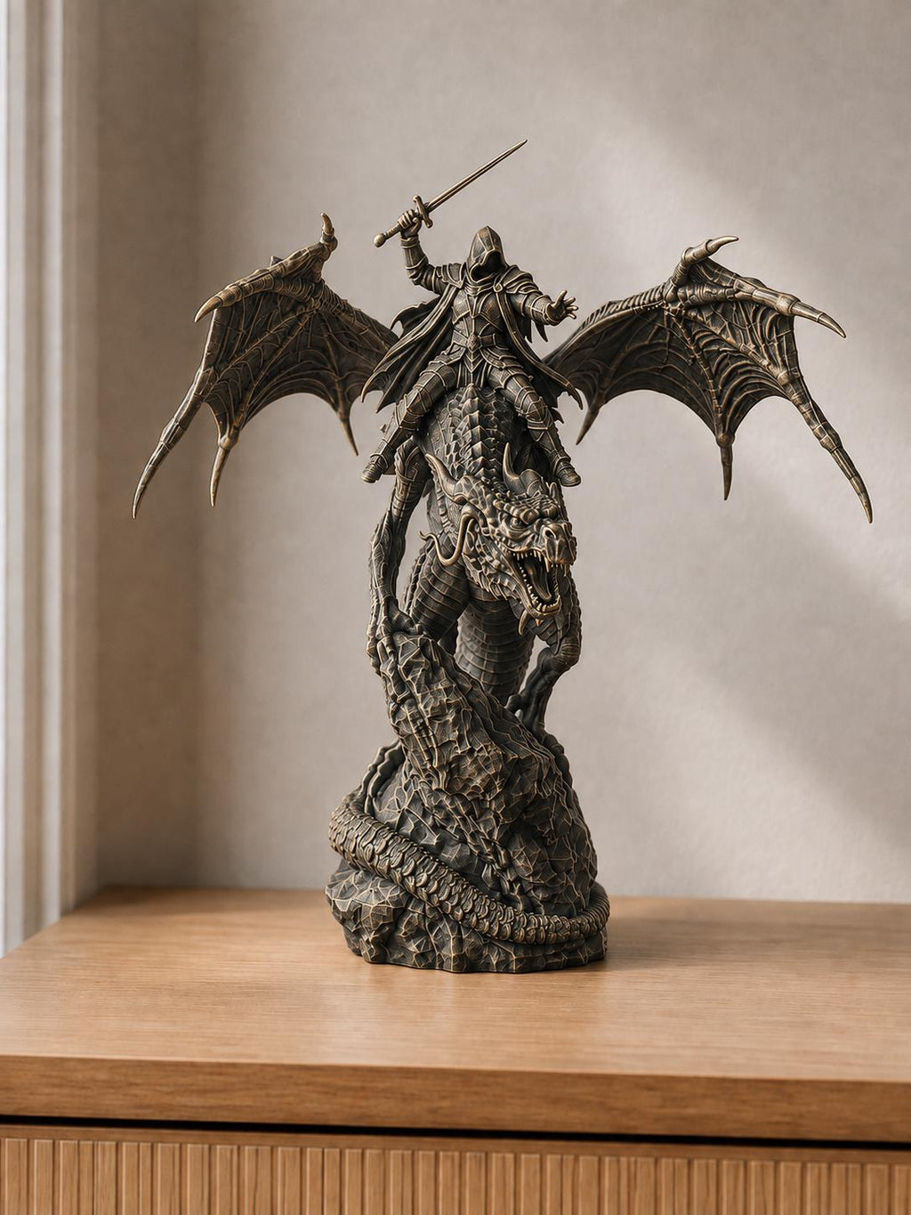 Drachenreiter auf geflügeltem Drachen | Fantasy-Skulptur handbemalt oder gedruckt | Made in Germany FehnFactory