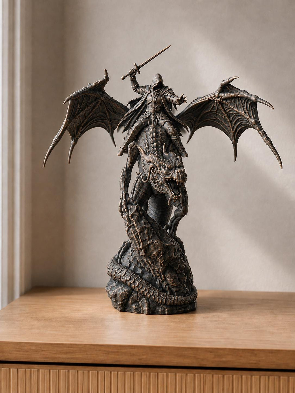 Drachenreiter auf geflügeltem Drachen | Fantasy-Skulptur handbemalt oder gedruckt | Made in Germany FehnFactory