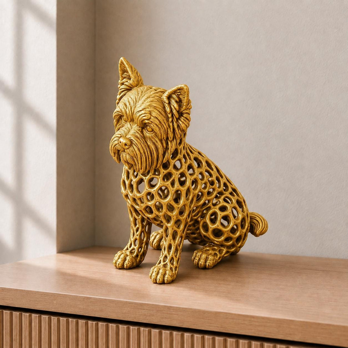 Yorkshire Terrier in Voronoi-Optik – sitzende Hundeskulptur | Made in Germany FehnFactory