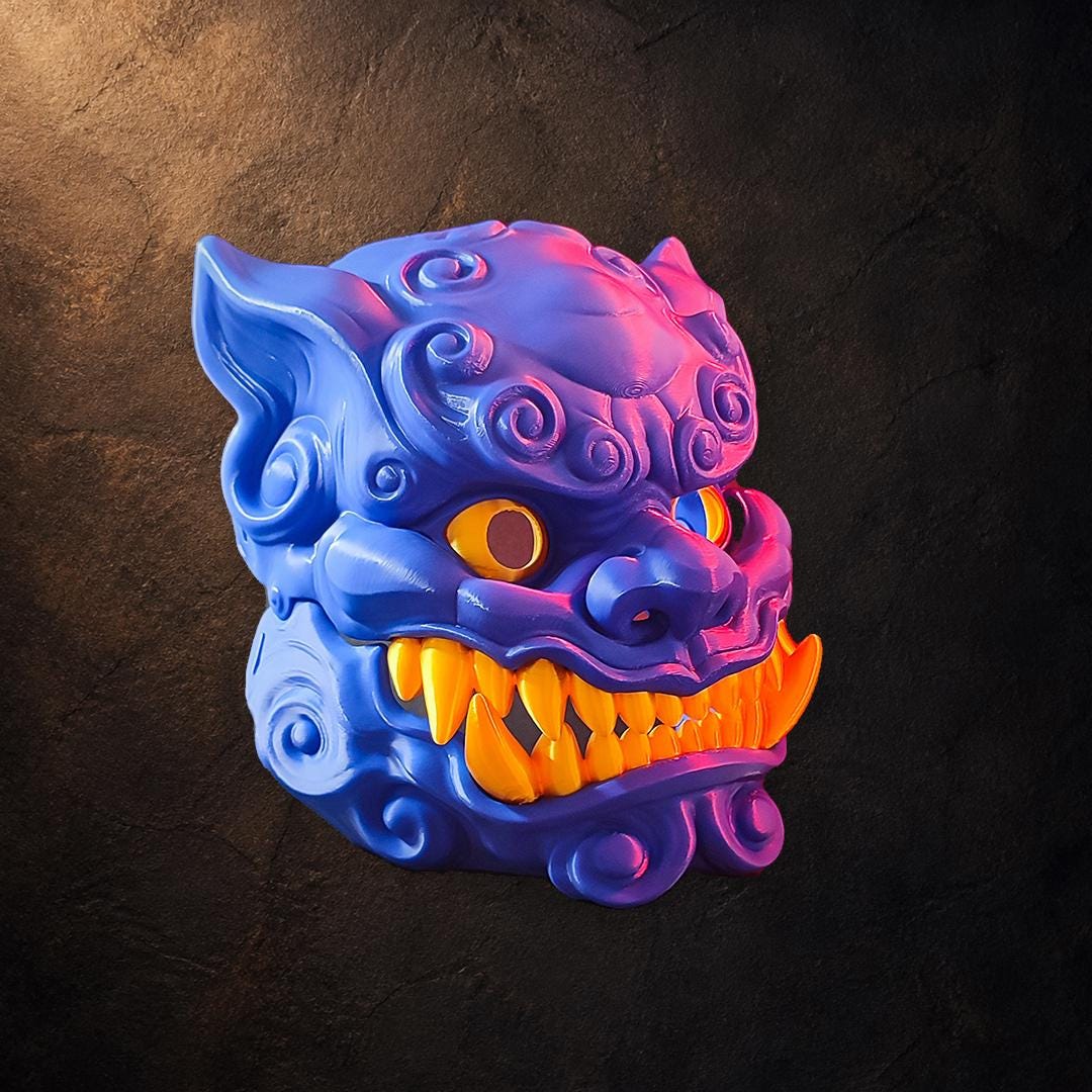 Foo Dog Maske – beweglicher Kiefer | Blau–Gold | Pipe Cox | Made in Germany FehnFactory