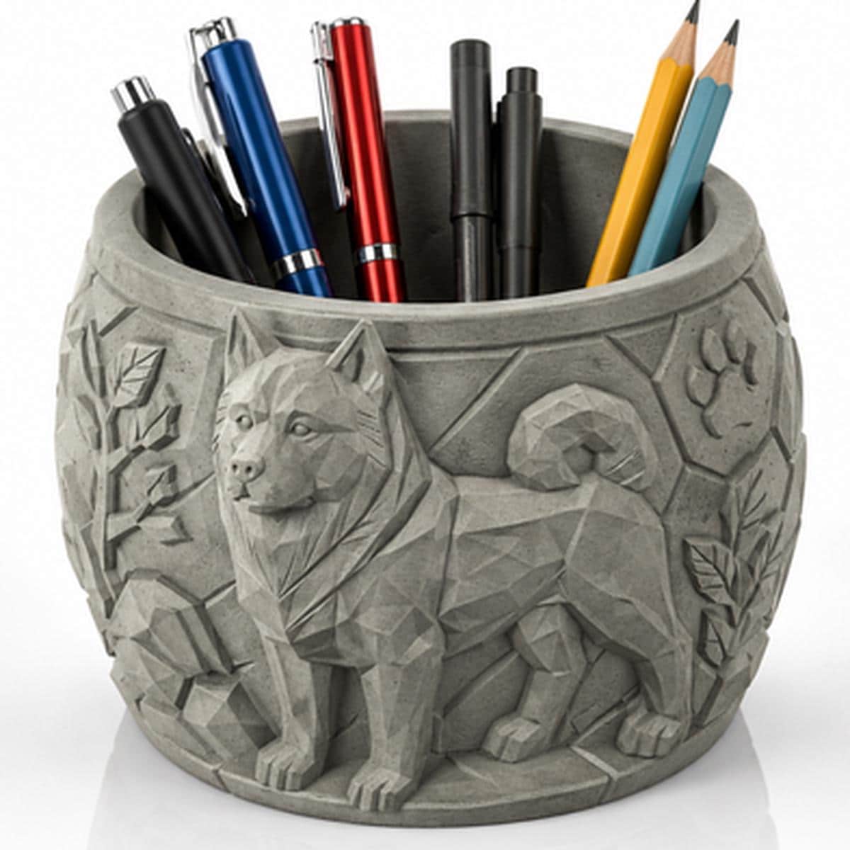 Akita Inu Pflanzgefäß & Organizer – Hunde Blumentopf Relief, Schreibtisch Deko, Geschenkidee FehnFactory