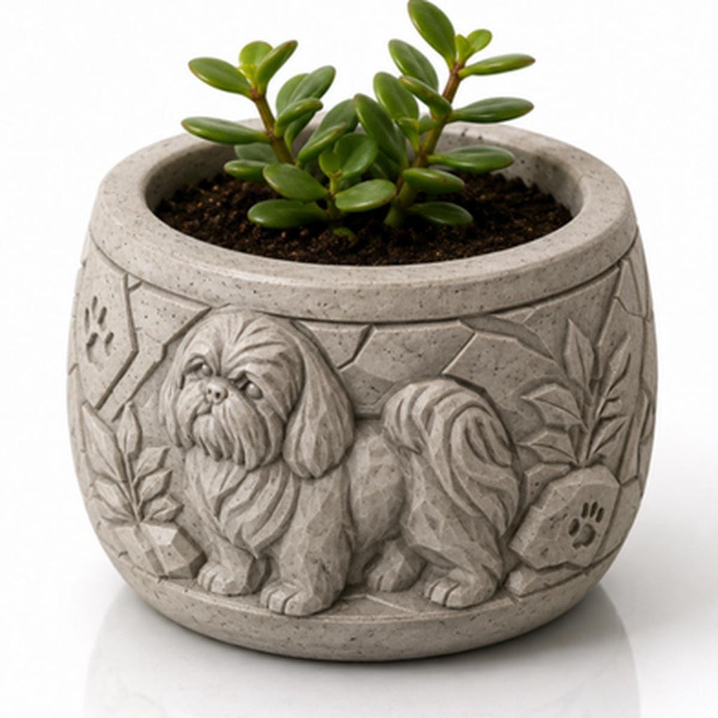 Shih Tzu Pflanzgefäß – Hunde Blumentopf mit Relief, Fensterbank Deko, Geschenk Hundefan FehnFactory