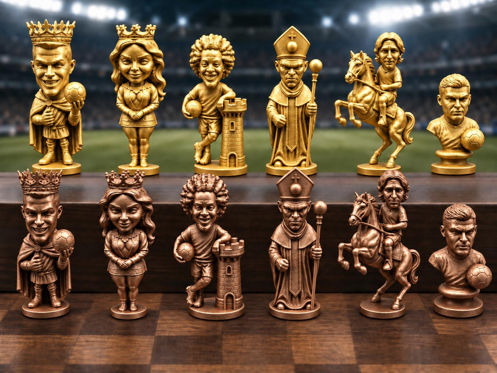 Fußball-Legenden-Schachfigurenset – komplett 32-teilig | Stadion-Schach | 3 Größen & 12 Farbpaare FehnFactory