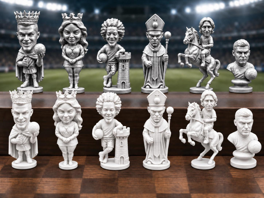 Fußball-Legenden-Schachfigurenset – komplett 32-teilig | Stadion-Schach | 3 Größen & 12 Farbpaare FehnFactory