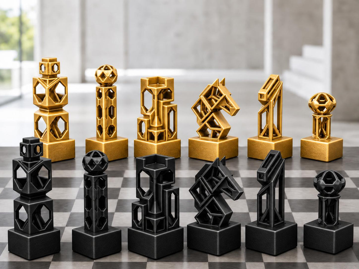 Geometrisches Gitter-Schachfigurenset – komplett 32-teilig | Modernes Schach | 3 Größen & 12 Farbpaare FehnFactory