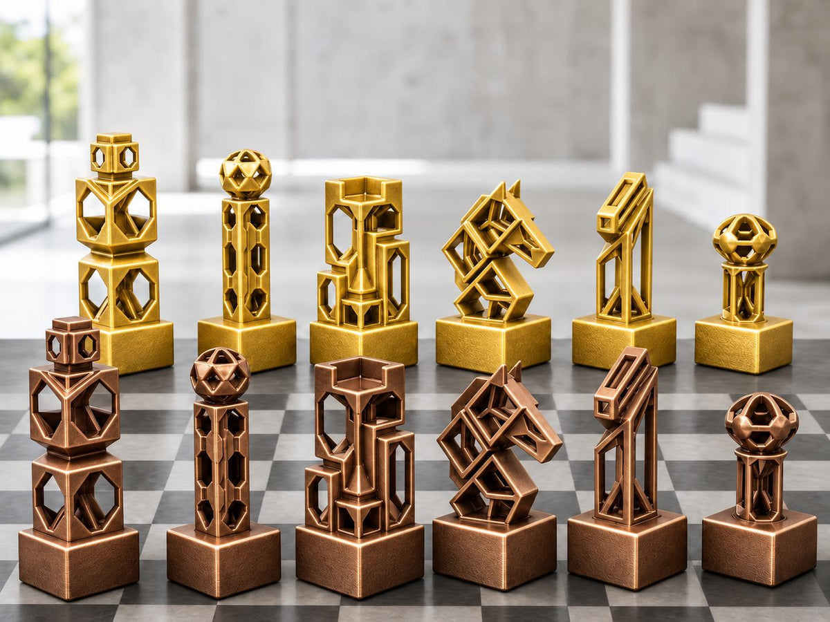 Geometrisches Gitter-Schachfigurenset – komplett 32-teilig | Modernes Schach | 3 Größen & 12 Farbpaare FehnFactory