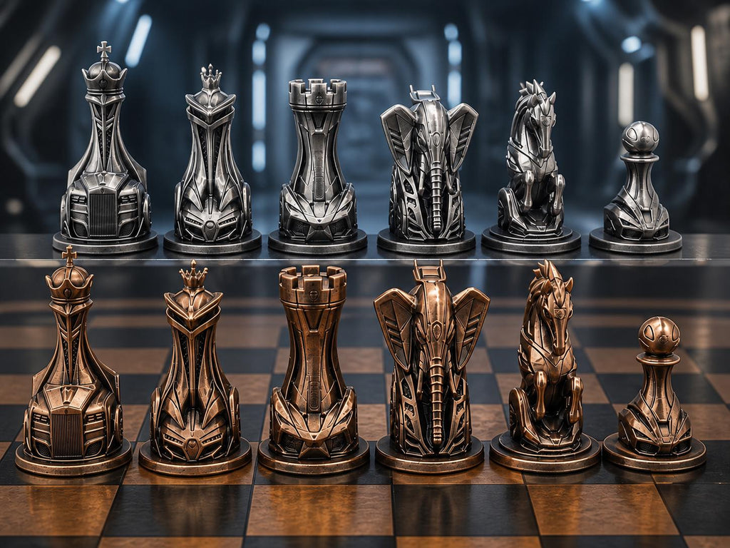 Futuristisches Fahrzeug-Schachfigurenset – komplett 32-teilig | Sci-Fi-Schach | 3 Größen & 12 Farbpaare FehnFactory