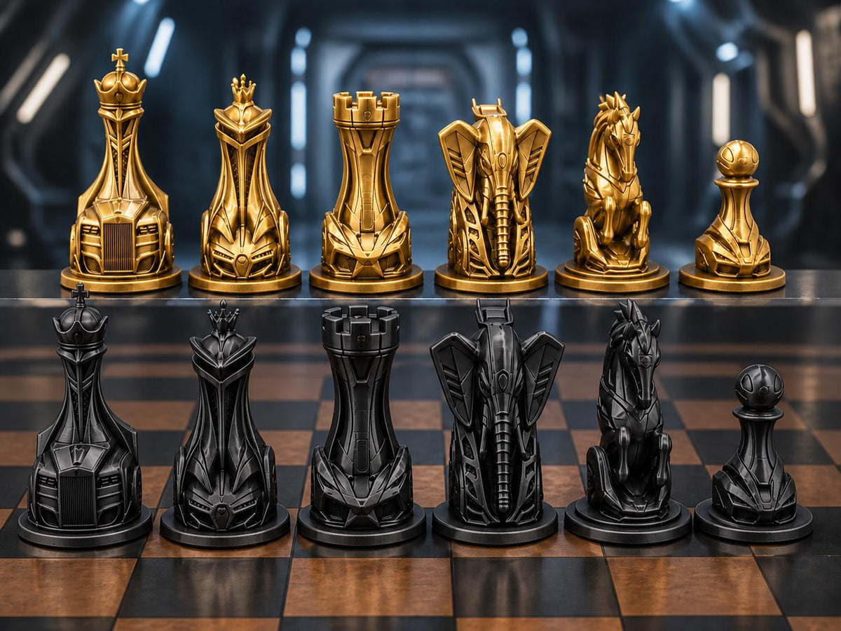 Futuristisches Fahrzeug-Schachfigurenset – komplett 32-teilig | Sci-Fi-Schach | 3 Größen & 12 Farbpaare FehnFactory