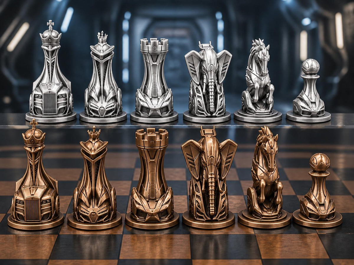 Futuristisches Fahrzeug-Schachfigurenset – komplett 32-teilig | Sci-Fi-Schach | 3 Größen & 12 Farbpaare FehnFactory