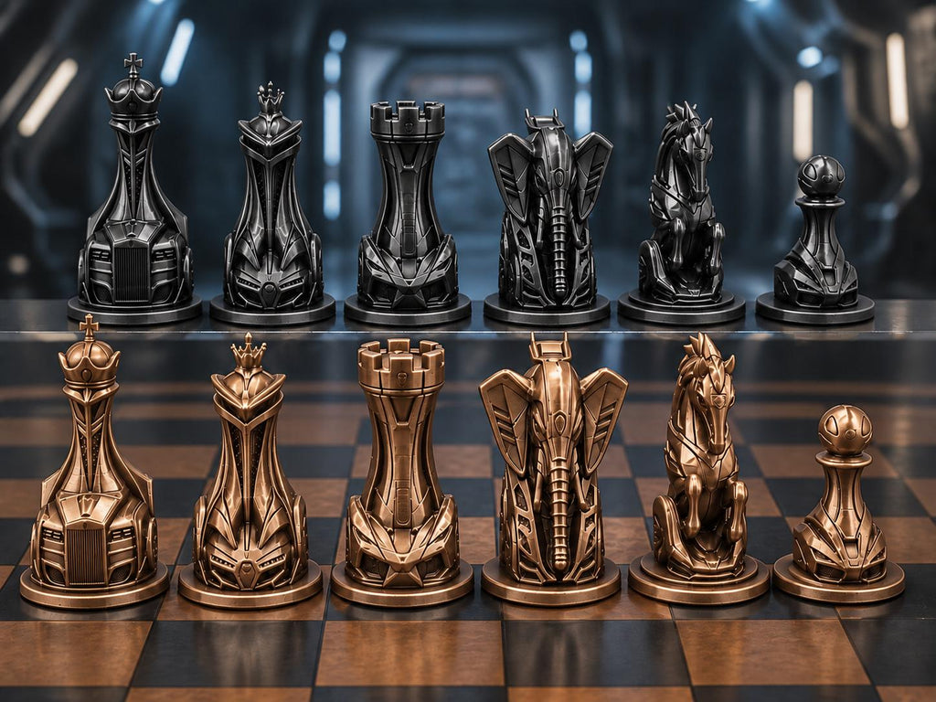 Futuristisches Fahrzeug-Schachfigurenset – komplett 32-teilig | Sci-Fi-Schach | 3 Größen & 12 Farbpaare FehnFactory