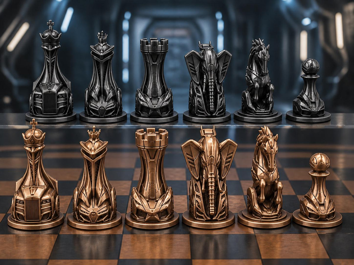 Futuristisches Fahrzeug-Schachfigurenset – komplett 32-teilig | Sci-Fi-Schach | 3 Größen & 12 Farbpaare FehnFactory