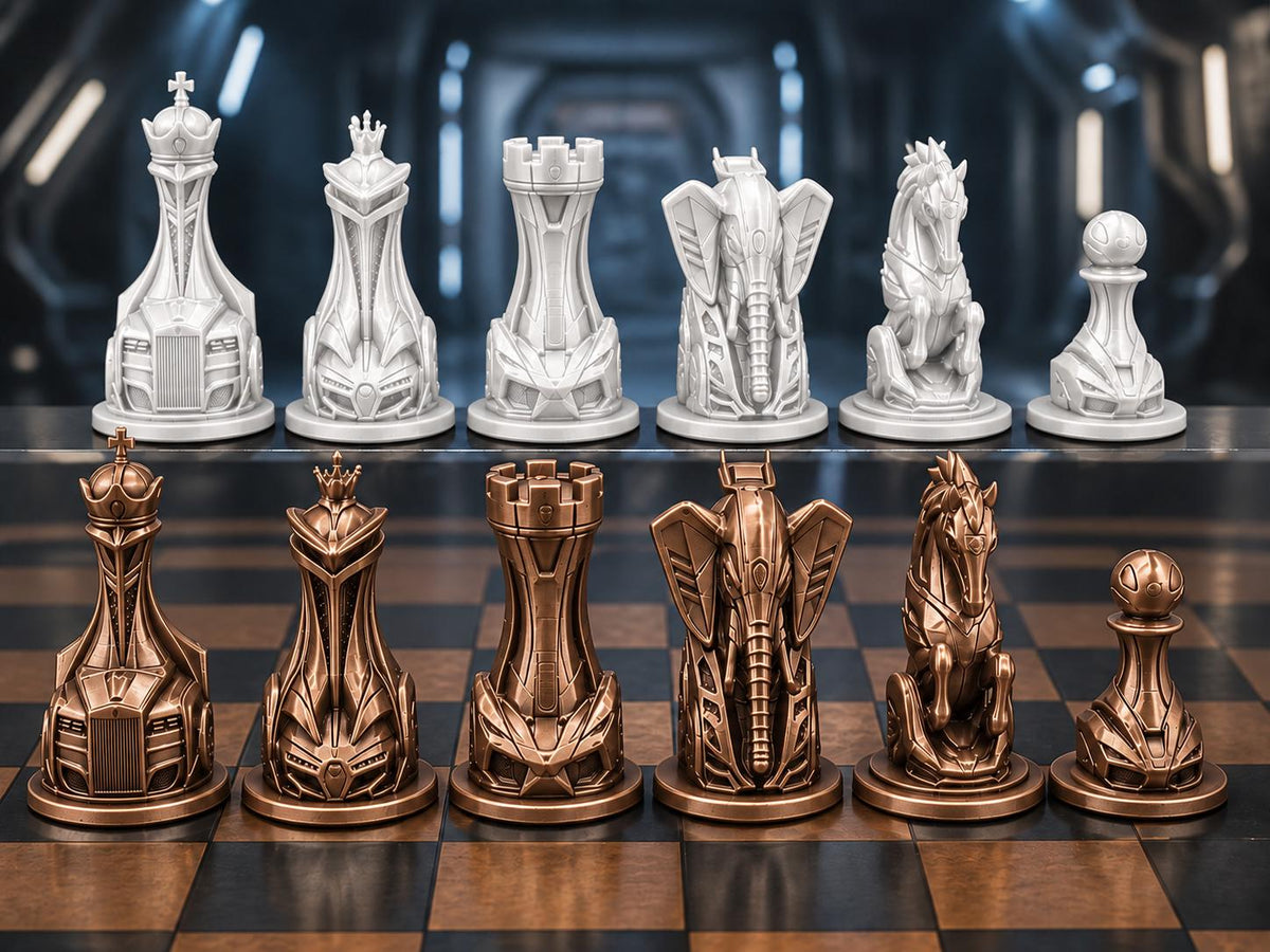 Futuristisches Fahrzeug-Schachfigurenset – komplett 32-teilig | Sci-Fi-Schach | 3 Größen & 12 Farbpaare FehnFactory