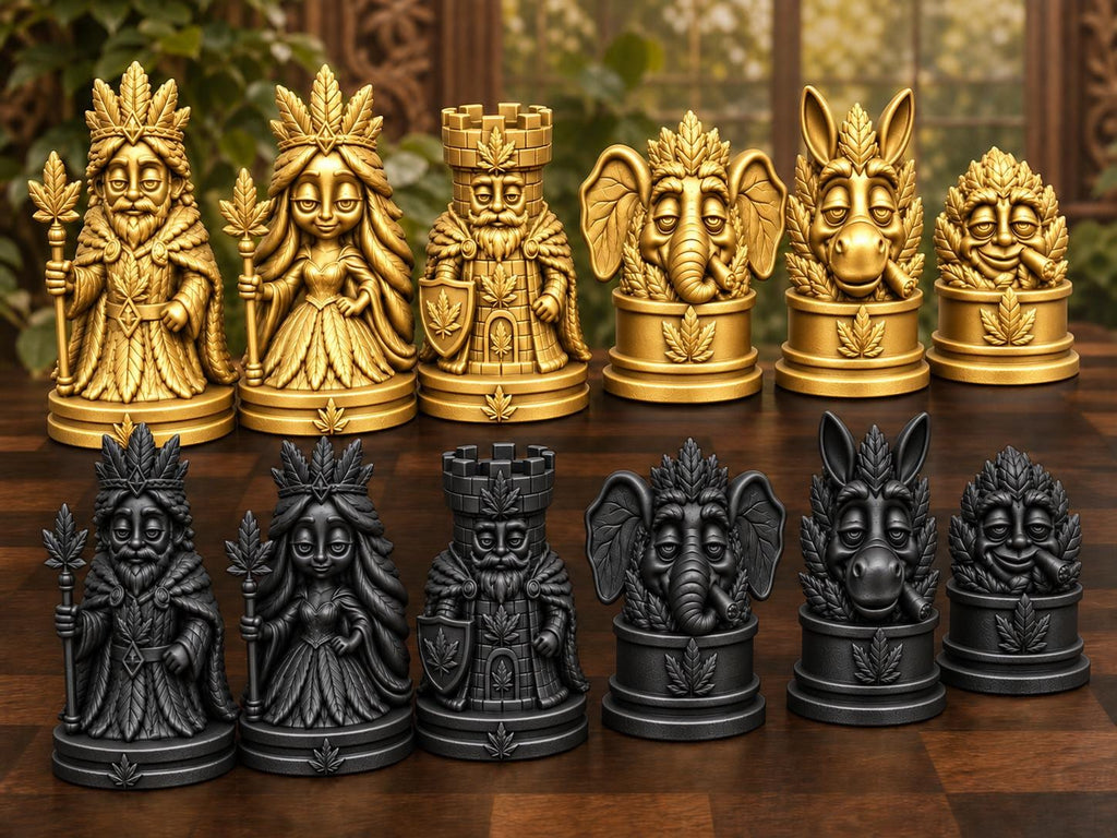 Königliches Blatt-Schachfigurenset – komplett 32-teilig | Natur-Fantasy | 3 Größen & 12 Farbpaare | Made in Germany FehnFactory