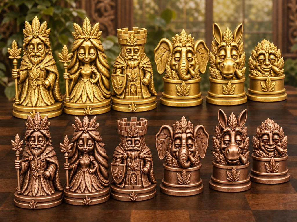 Königliches Blatt-Schachfigurenset – komplett 32-teilig | Natur-Fantasy | 3 Größen & 12 Farbpaare | Made in Germany FehnFactory