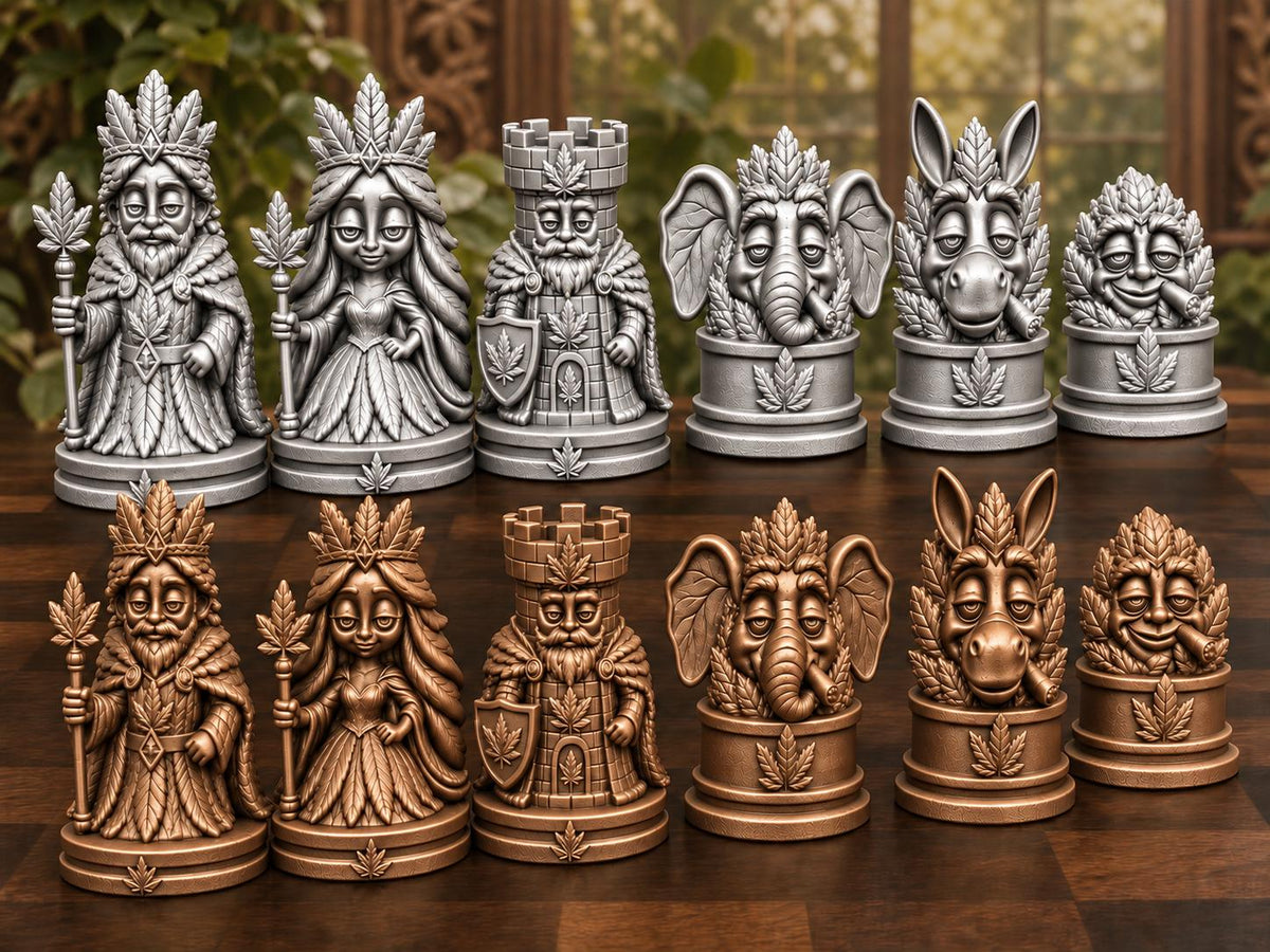 Königliches Blatt-Schachfigurenset – komplett 32-teilig | Natur-Fantasy | 3 Größen & 12 Farbpaare | Made in Germany FehnFactory