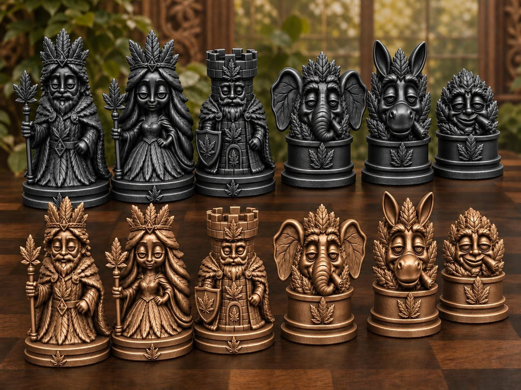 Königliches Blatt-Schachfigurenset – komplett 32-teilig | Natur-Fantasy | 3 Größen & 12 Farbpaare | Made in Germany FehnFactory